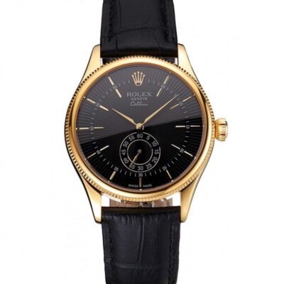 Swiss Rolex Cellini Black Dial Gold Case Black Leather Strap Jersey Kit Boutique 4