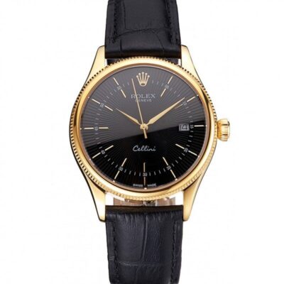 <span class='swissf'></span>Rolex Cellini Date Black Dial Gold Case Black Leather Strap Jersey Kit Boutique 4