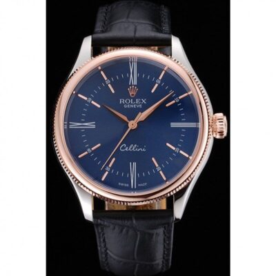 Rolex Cellini Blue Dial Gold Bezel Stainless Steel Case Black Leather Strap 622841 Jersey Kit Boutique