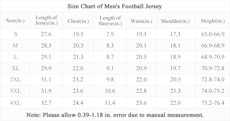 Size chart of England Home Jersey 2025