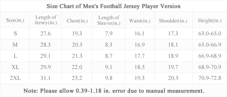 Size chart of Japan Y-3 Home Jersey 2024 Player Version