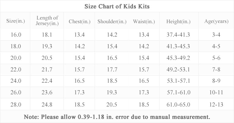 Size chart of Manchester United Home Kit Kids 1999-00 